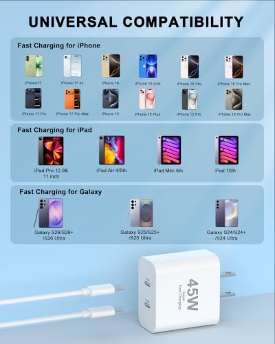 iPhone 17 16 Charger Fast Charging, 45W Dual USB C Charger Block and Cable