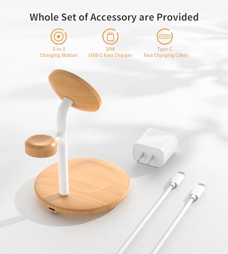 3 in 1 Magnetic Wireless Charging Station for Apple Devices,15W for Magsafe - color: Yellow Woodgrain