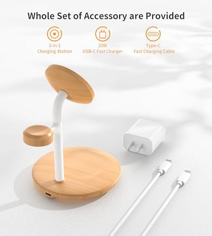 3 in 1 Magnetic Wireless Charging Station for Apple Devices,15W for Magsafe - color: Yellow Woodgrain
