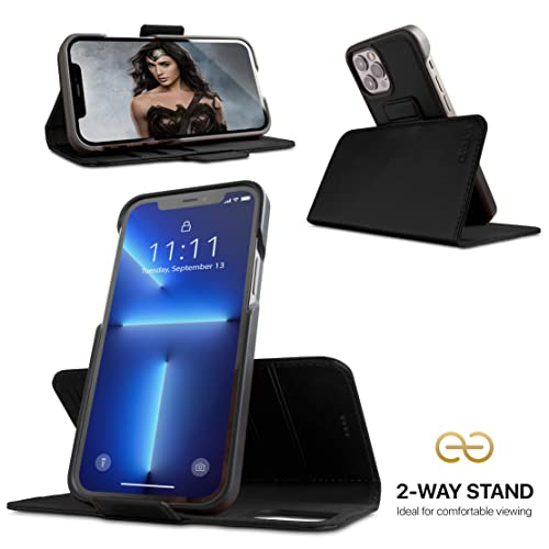 Dreem Vegan Leather Magnetic Detachable Wallet Case for iPhone 13 Pro Max | Built-in Phone Stand, RFID Blocking Card Holder Flip Cover, MagSafe Compatible, Gift Box [Fibonacci: Black] - color: Black, size: iPhone 13 Pro Max
