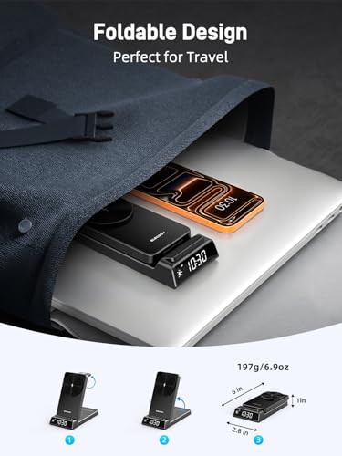 3 in 1 Charging Station for Apple,Travel Wireless Charger with Clock - color: Black