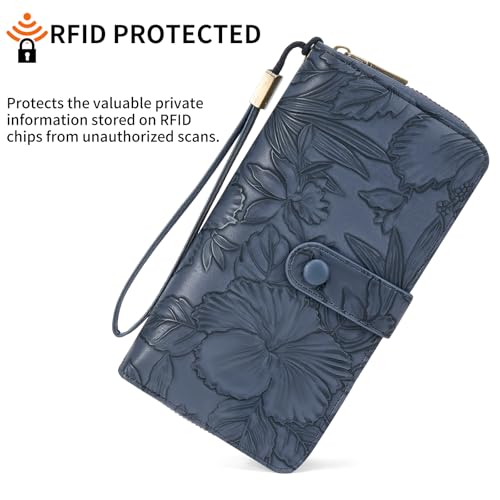 SENDEFN Women's Credit Card Holder RFID Blocking Zip Around Leather Wallet Large Capacity Long Purse with Wristlet - color: Deep Blue