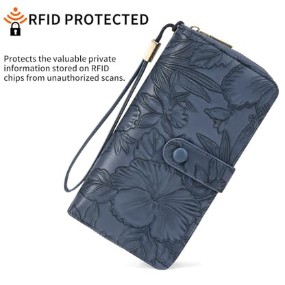 SENDEFN Women's Credit Card Holder RFID Blocking Zip Around Leather Wallet Large Capacity Long Purse with Wristlet - color: Deep Blue