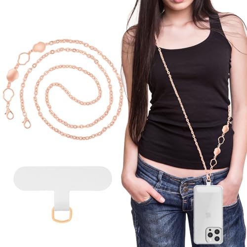 MoKo Universal Phone Lanyard, Metal Cell Phone Chain Crossbody Strap Anti-Theft Detachable Women Cellphone Lanyards Around The Neck with Patches for iPhone, Most Smartphones, Rose Gold - color: Rose Gold