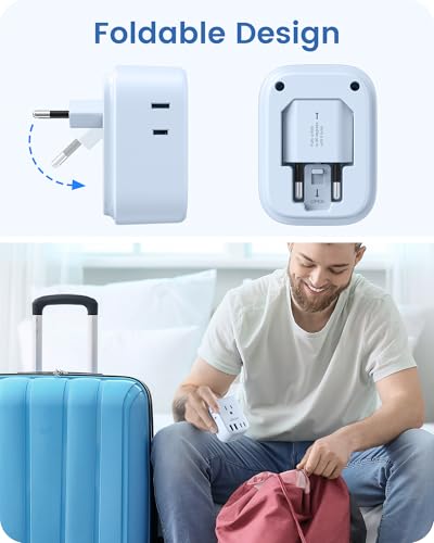 LENCENT European Travel Plug Adapter US to Europe Type-C Foldable Plug - style: Type C-17.5W-Most of Europe-Blue