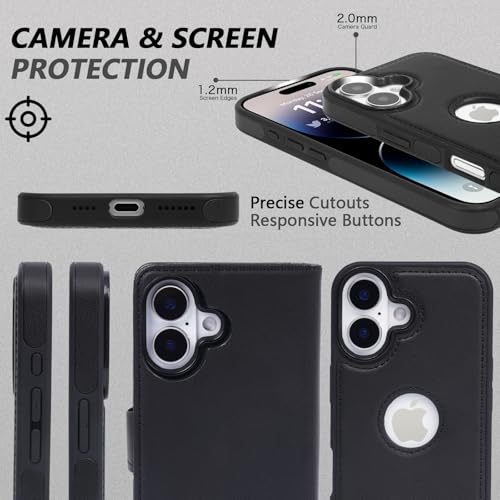 2 in 1 PU Leather for iPhone 16 Leather Case, Detachable Wallet Case with Card Holder, Removable Flip Folio Cover with RFID Blocking, Stand Shockproof Phone Cover（Compatible with MagSafe） Black - color: Black, size: Iphone 16