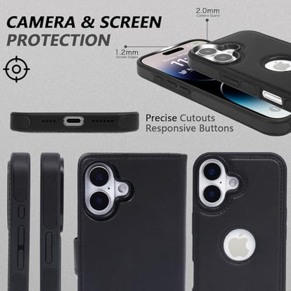 2 in 1 PU Leather for iPhone 16 Leather Case, Detachable Wallet Case with Card Holder, Removable Flip Folio Cover with RFID Blocking, Stand Shockproof Phone Cover（Compatible with MagSafe） Black - color: Black, size: Iphone 16