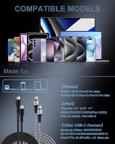 iPhone 17e 17 Pro Max Charger Cable Fast Charging, Android Charging Cable - color: 2Pack-Black, White, size: 6FT, style: USB C to USB C