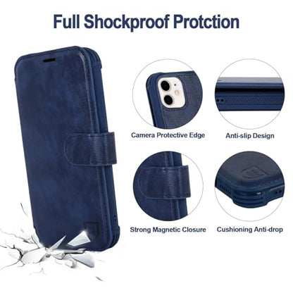 VANAVAGY Wallet Case for iPhone 11 6.1 inch, Navy Blue | 12ft Drop-proof Cover for Women Men, Silm PU Leather, RFID Blocking Card Holder, Wrist Strap, Screen Protector - color: Navy Blue