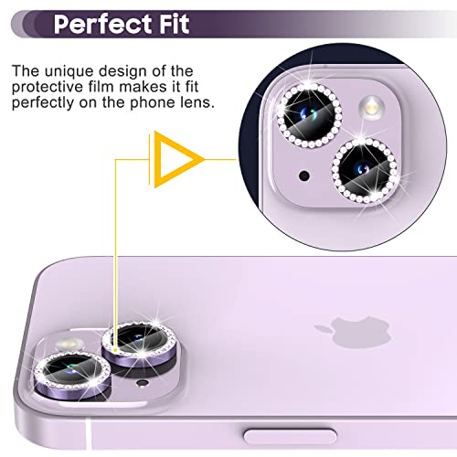 Suoman for iPhone 14 6.1 inch / 14 Plus 6.7 inch Camera Lens Protector, 9H Tempered Glass Film, [Does not Affect Night Shots] Metal Frosted Diamonds Independent Protective Cover- Diamond Purple - color: Diamond Purple