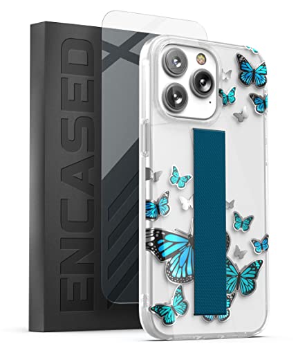 ENCASED Finger Loop Case Designed for iPhone 14 Pro Max Case for Women with Hand Strap (Screen Protector Included) - Blue Butterfly - color: Blue Butterfly