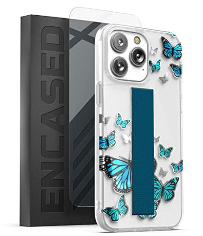 ENCASED Finger Loop Case Designed for iPhone 14 Pro Max Case for Women with Hand Strap (Screen Protector Included) - Blue Butterfly - color: Blue Butterfly
