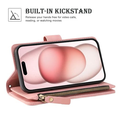 RANYOK Wallet Case for iPhone 15 (6.1 inch) with RFID Blocking Credit Card Holder, Premium PU Leather [Zipper Pocket] Flip Folio Case Wallet with Wrist Strap Kickstand Protective Case (Pink) - color: Pink