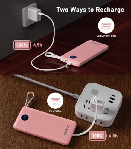 Portable Charger Built in 4 Cables, 10000mAh Power Bank, Pink - color: Pink