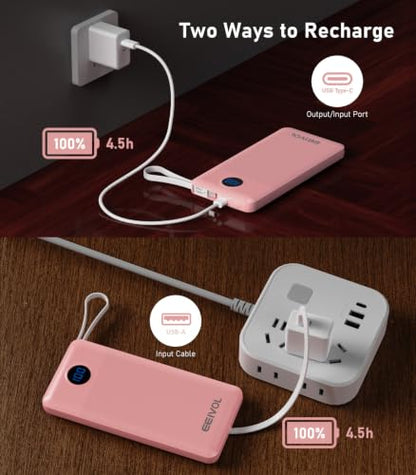 Portable Charger Built in 4 Cables, 10000mAh Power Bank, Pink - color: Pink