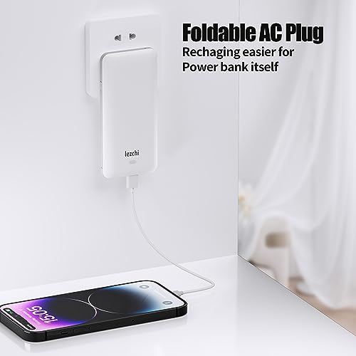 Portable Power Bank, Ultra Slim 10000mAh Portable Charger, USB C External Battery Pack with Built-in AC Plug, Charging Cable, Output Port, Compatible with All Kinds of Cellphones … - color: White