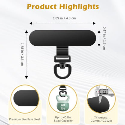 MoKo Rotatable 360° Stainless Steel Phone Tether Tabs - 6 Pack - color: Black*6Pack