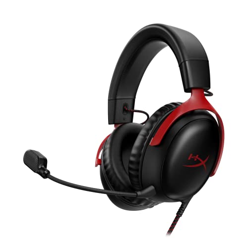 HyperX Cloud III – Wired Gaming Headset, PC, PS5, Xbox Series X|S, Angled 53mm Drivers, Spatial Audio, Memory Foam, Durable Frame, Ultra-Clear 10mm Mic, USB-C, USB-A, 3.5mm – Black/Red - color: Black/Red, size: Regular, style: Wired