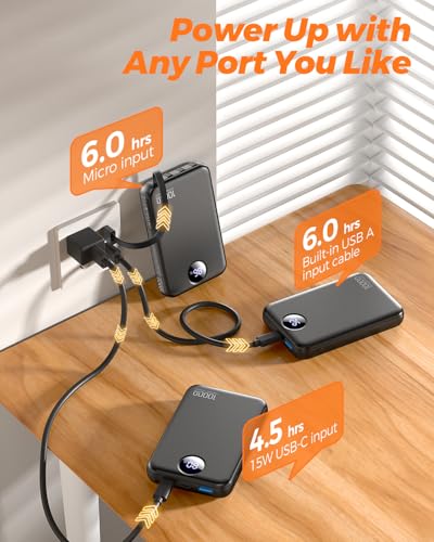 Portable Charger 10000mAh with 4 Built-in Cables 40% Smaller - color: Black