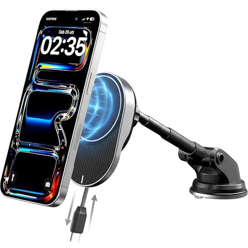 IJS Magnetic Wireless Car Charger with Built-in Retractable Cable – Extendable Windshield & Dashboard Phone Mount – 15W Magsafe Compatible – Fast Charging for iPhone 17/16/15/14/13/12, Samsung, Pixel
