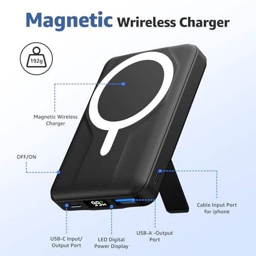 Azmuth for MagSafe Portable Charger, 10000mAh Magnetic Power Bank 20W PD | Fast Charging,Wireless Battery Pack with LED Display & Stand,Travel Essentials,for iPhone 17/16/15/14/13/12 Series - color: Black