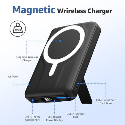 Azmuth for MagSafe Portable Charger, 10000mAh Magnetic Power Bank 20W PD | Fast Charging,Wireless Battery Pack with LED Display & Stand,Travel Essentials,for iPhone 17/16/15/14/13/12 Series - color: Black