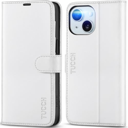 TUCCH Case Wallet for iPhone 15 (6.1") 2023, RFID Blocking Folio, White | 4 Card Holders, Kickstand, PU Leather, Magnetic Closure, Shockproof TPU Shell, Protective Flip Cover - color: White