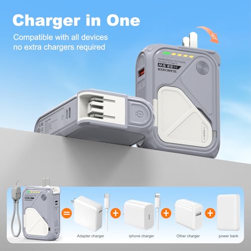 SEANCHEER P05 Portable Charger, Magnetic Power Bank, Small PowerBank, Battery Pack10000mAh Travel Essentials Fast Charging with Built in Cable, Foldable Wall Plug for iPhone,Samsung,Andriod - color: Grey
