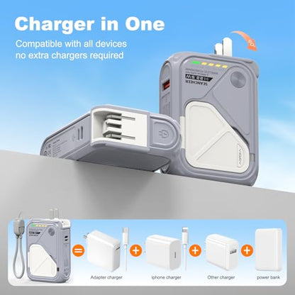 SEANCHEER P05 Portable Charger, Magnetic Power Bank, Small PowerBank, Battery Pack10000mAh Travel Essentials Fast Charging with Built in Cable, Foldable Wall Plug for iPhone,Samsung,Andriod - color: Grey