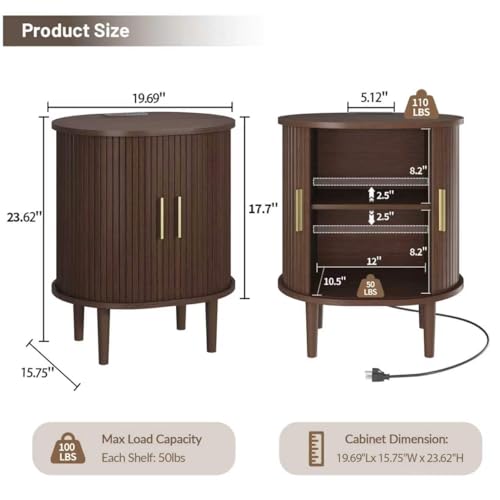 DHH Mid Century Modern Nightstand with Charging Station, Fluted Accent Side Table with Sliding Door & Adjustable Shelf, End Table for Small Space, Living Room, Bedroom,Sofa Couch (1, Walnut) - color: Walnut