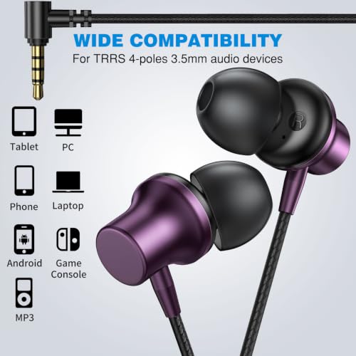 ASKUBSKU 3.5mm Headphones 5.9 ft Long Cord Wired Earbuds with Mic, Purple - color: Purple