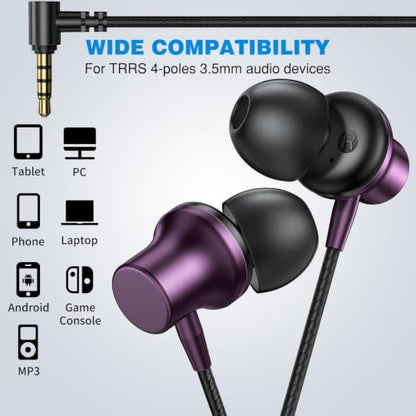 ASKUBSKU 3.5mm Headphones 5.9 ft Long Cord Wired Earbuds with Mic, Purple - color: Purple