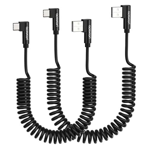 aceyoon 2 Pack Coiled Cable, 90 Degree USB A to USB C Cable 60W USB Type C Charging Cord for CarPlay Compatible with iPhone 16 15 Plus/Pro/Pro Max, Samsung Galaxy S25 S24 S23 (2.5FT+ 4FT) - color: 2 Pack