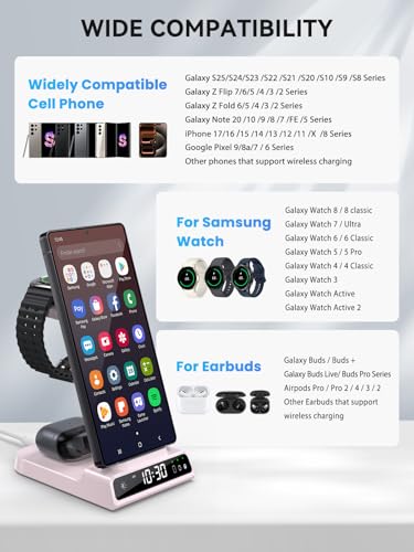 Wireless Charger for Samsung S25 with Clock 3 in 1 Android Charging Station - color: Pink