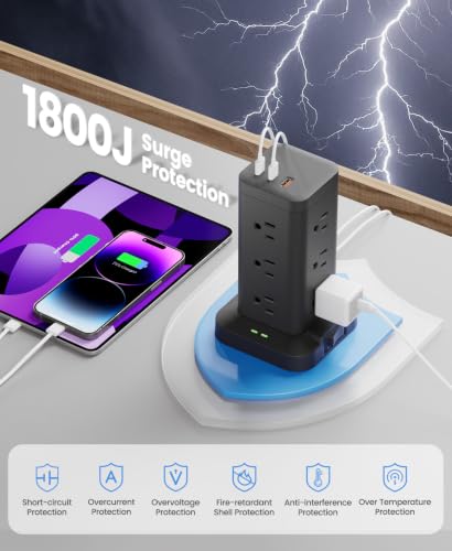 12AC 3USB Power Strip Tower Surge Protector 1800J, 9.8ft, Black, 1 - color: Black, size: 9.8ft