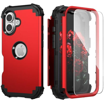IDweel for iPhone 17 Case with Screen Protector, 3 in 1 Shockproof Slim Fit Hybrid Heavy Duty Hard PC Cover Soft Silicone Bumper Full Body Anti-Fingerprint Case, Red - color: Red