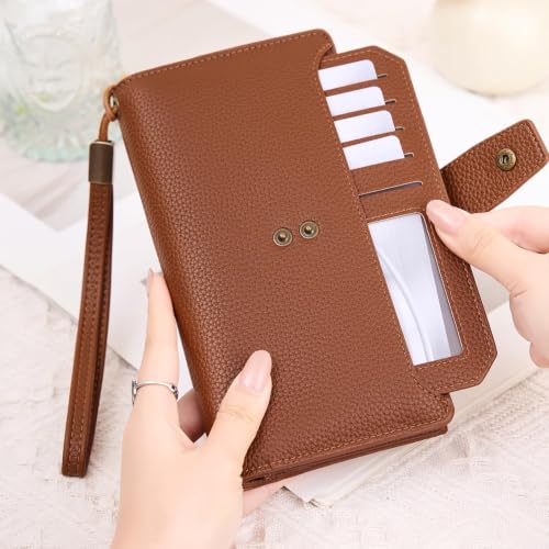 GAEKEAO Womens Wallet RFID Blocking Large Capacity Vegan Leather Card Holder Wristlet Clutch with 32 Card Slots 4 ID Windows - color: X05-Brown