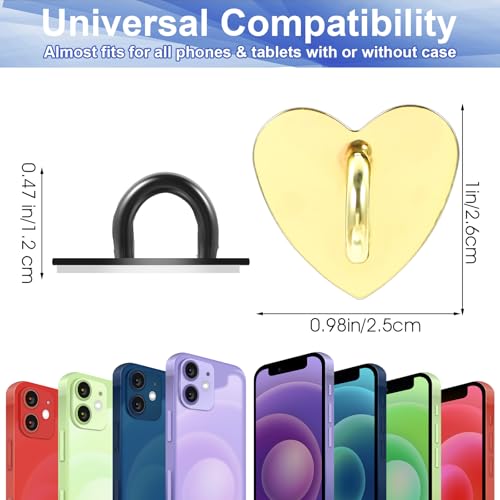 8 PCS Heart Charm Hook 4 Color Metal Phone Finger Hook Adhesive Cell Phones Ring Holder Heart-Shaped Sticky Grip Loop Smartphones Accessories Charm Loop Stand Keychain Ring for DIY Hanging