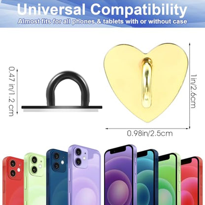 8 PCS Heart Charm Hook 4 Color Metal Phone Finger Hook Adhesive Cell Phones Ring Holder Heart-Shaped Sticky Grip Loop Smartphones Accessories Charm Loop Stand Keychain Ring for DIY Hanging