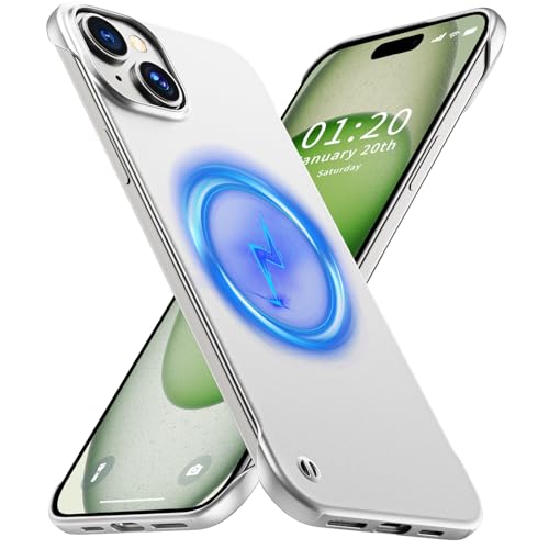 GRECAZO Magnetic Frosted Frameless Case for iPhone 15, Silvery | Compatible with MagSafe, Metallic Finish, Hard PC Cover, Ultra Thin Lightweight Minimalist Borderless, Slim Fit, 6.1-Inch - color: Silvery, size: iPhone 15