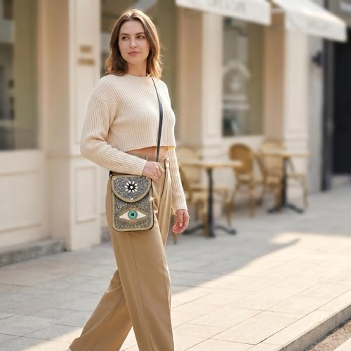 Small Crossbody Bags for Women, Cell Phone Shoulder Bag Boho Wallet Purse - color: Silver