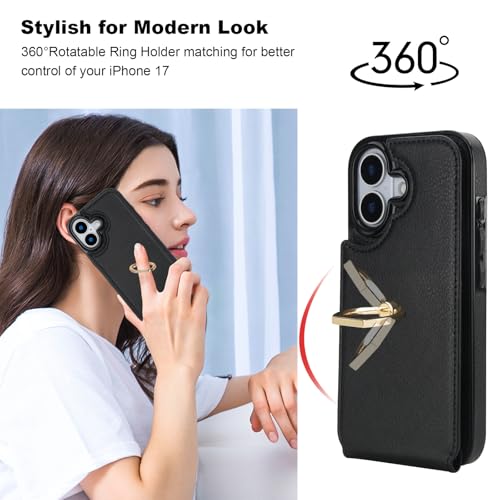 Folosu for iPhone 17 Case Wallet with Card Holder, Finger Ring Cover Black - color: Black