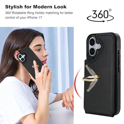 Folosu for iPhone 17 Case Wallet with Card Holder, Finger Ring Cover Black - color: Black