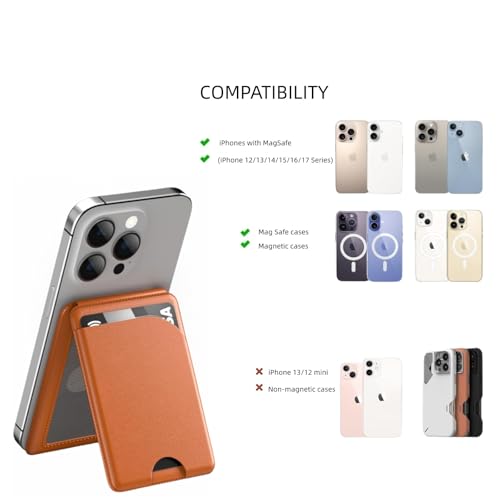 Magnetic Wallet for Mag-Safe with Adjustable Stand, 5 Card Holder, RFID Blocking,Upgraded Leather Card Holder Wallets Compatible with iPhone 17 16 15 14 13 12 Series - color: brown folding support