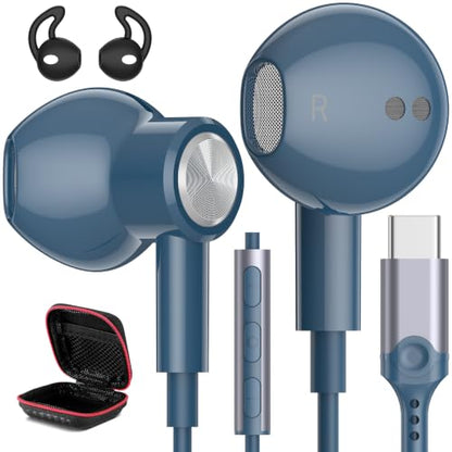 USB C Headphones Magnetic Wired Earbuds with Mic for Apple/Samsung Android - color: Lake Blue