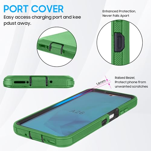 Compatible for Samsung Galaxy A26 5G, Built in Screen Protector, Belt Clip Holster Heavy Duty Defender Case Dustproof Shockproof Protection (Green) - color: Green