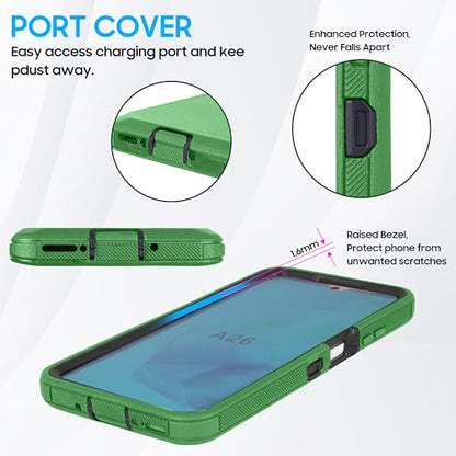 Compatible for Samsung Galaxy A26 5G, Built in Screen Protector, Belt Clip Holster Heavy Duty Defender Case Dustproof Shockproof Protection (Green) - color: Green