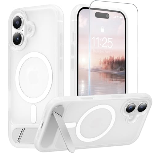 Magnetic for iPhone 16 Case with Stand Clear Matte | (Screen Protector)(Compatible with MagSafe)(Military Grade Shockproof) Translucent Drop Protection Matte Slim Phone Case,6.1" - color: Clear Matte, size: For IPhone 16