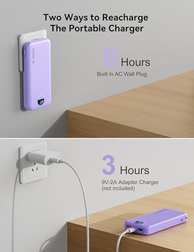 Portable Charger Power Bank 10000mAh with Built in Cables & Wall Plug - color: Violet