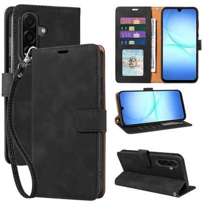 Wallet Case for Samsung Galaxy A17, RFID Blocking (Black) | 4 card slots with ID window, cash pocket, wrist strap, stand function, magnetic closure, flip PU leather, TPU inner shell - color: Black